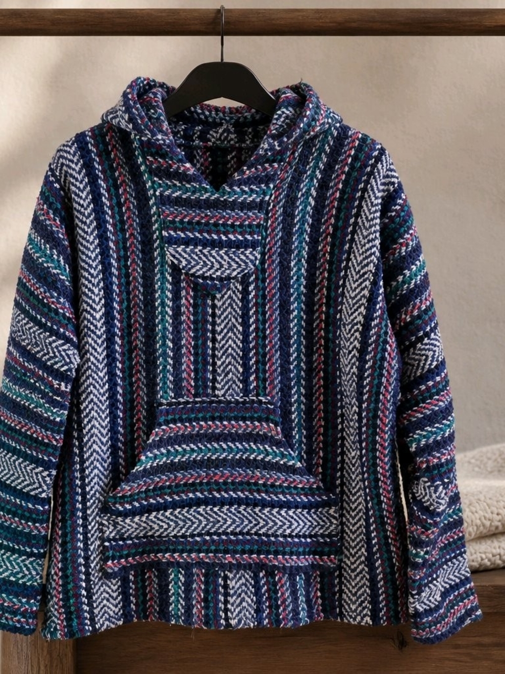 Baja Joe Mexican Hoodie Blue Striped Pullover Surfer Skater Drug Rug Top Large